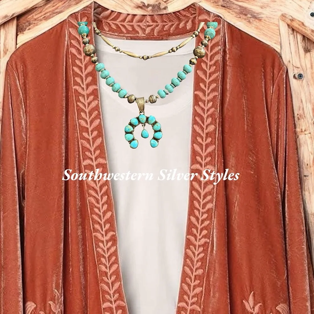 Vintage Sterling Silver Navajo Pearls Turquoise Squash Blossom Necklace - Picture 3 of 15